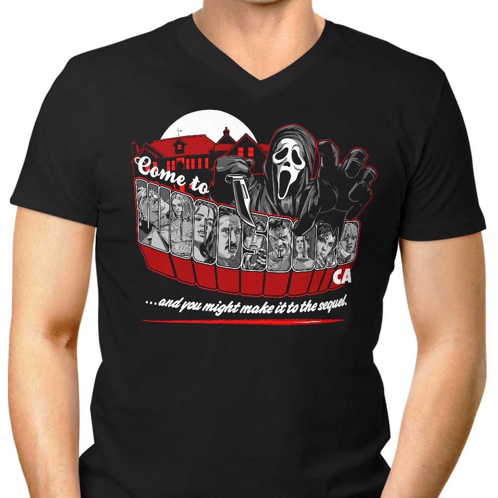 Come to Woodsboro Men's V-Neck - Adult & Kids T-Shirts, Sweatshirts & Hoodies apparel design preview 1