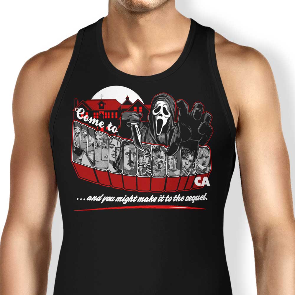 Come to Woodsboro Tank Top - Adult & Kids T-Shirts, Sweatshirts & Hoodies apparel design preview 1