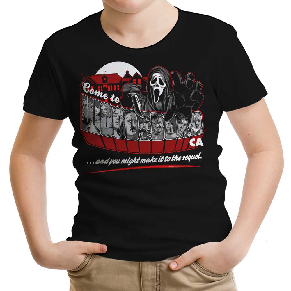Come to Woodsboro Youth Apparel - Adult & Kids T-Shirts, Sweatshirts & Hoodies apparel design preview 1
