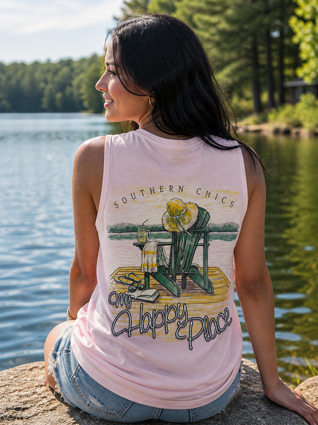Southern Chics Beach Chair Happy Place Comfort Colors - Adult & Kids T-Shirts, Sweatshirts & Hoodies apparel design preview 1