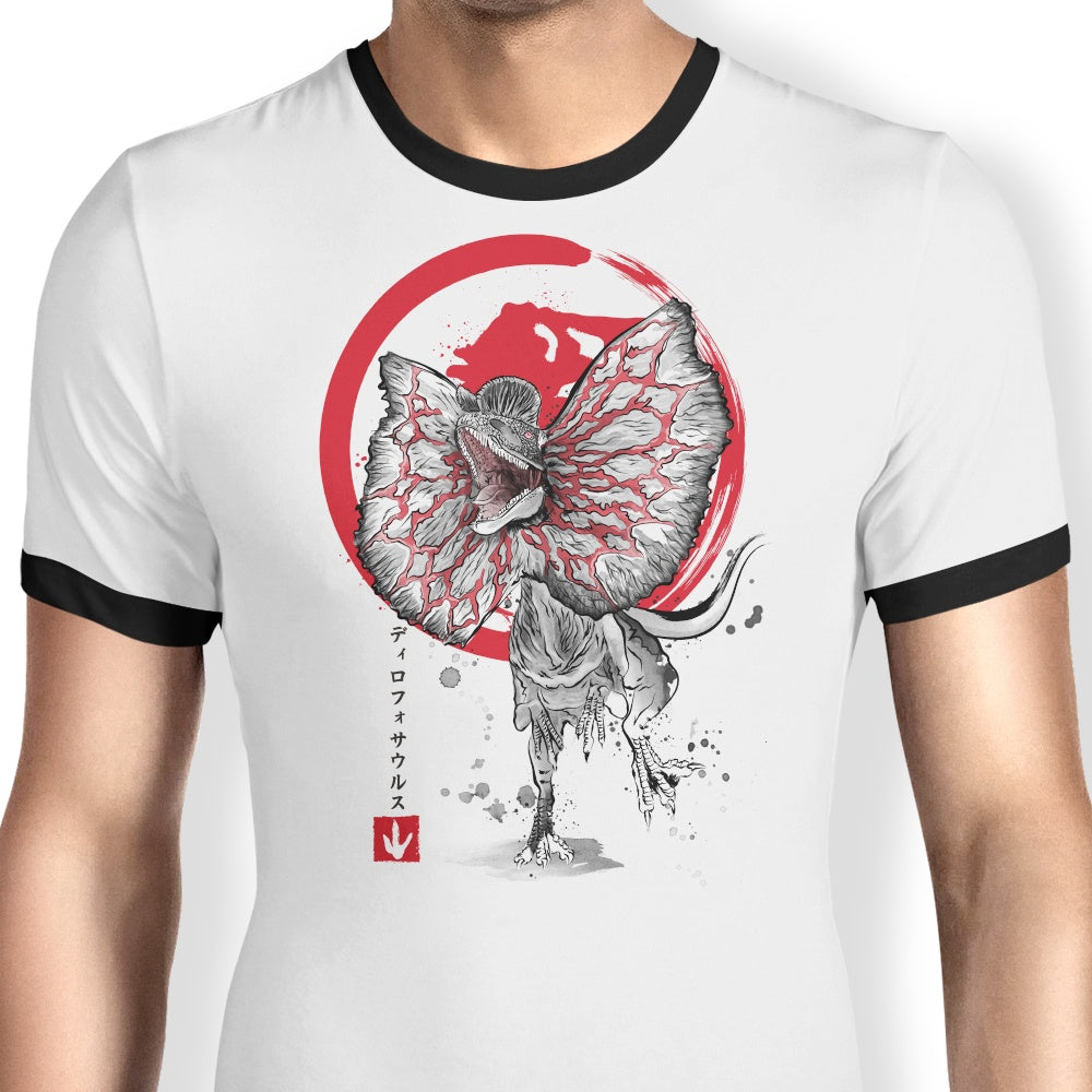 Dilophosaurus Sumi-e Ringer - Adult & Kids T-Shirts, Sweatshirts & Hoodies apparel design preview 1