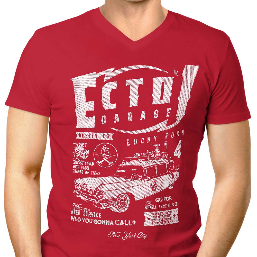 Ecto-1 Garage Men's V-Neck - Adult & Kids T-Shirts, Sweatshirts & Hoodies apparel design preview 1