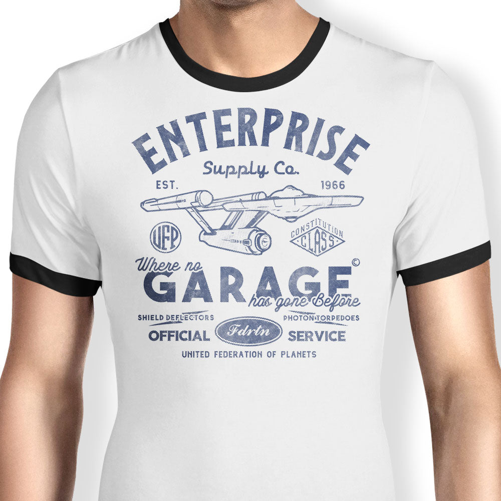 Enterprise Garage Ringer - Adult & Kids T-Shirts, Sweatshirts & Hoodies apparel design preview 1
