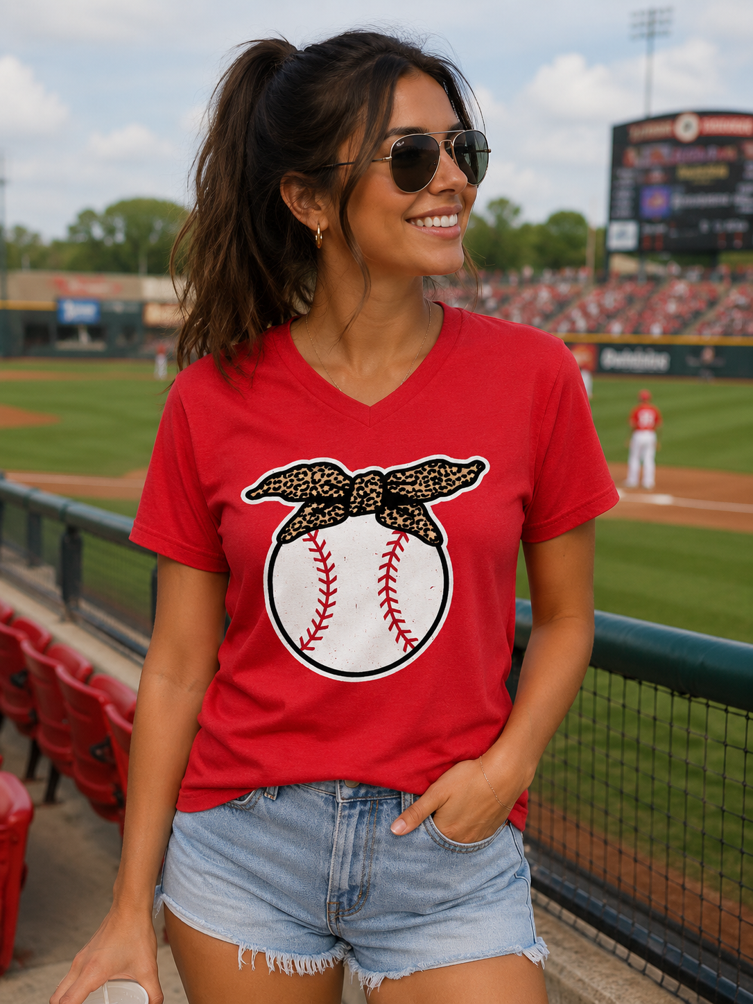 SALE Sassy Frass Baseball Leopard Bow V-Neck Canvas - Adult & Kids T-Shirts, Sweatshirts & Hoodies apparel design preview 1