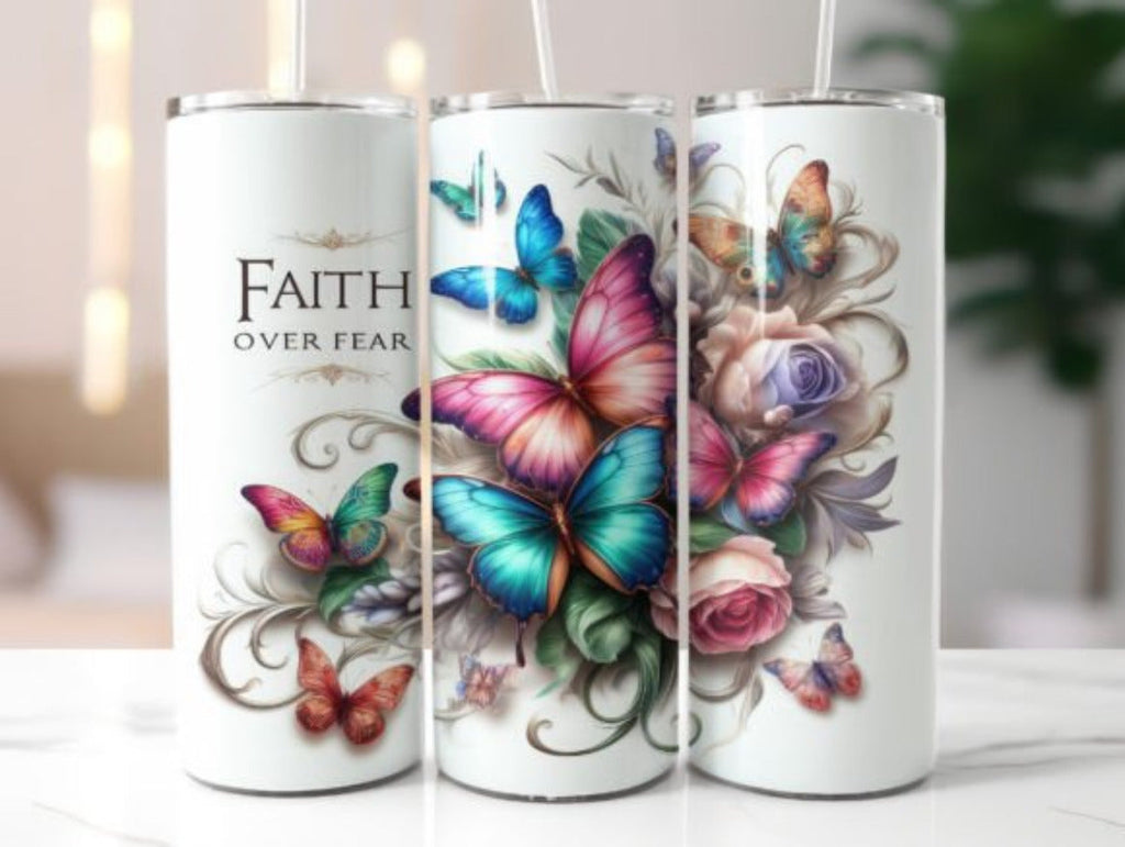 Faith Over Fear Butterflies 20 oz Skinny Tumbler Cup - Adult & Kids T-Shirts, Sweatshirts & Hoodies apparel design preview 1