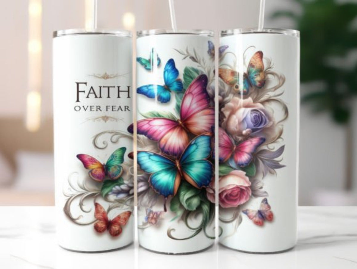 Faith Over Fear Butterflies 20 oz Skinny Tumbler Cup - Adult & Kids T-Shirts, Sweatshirts & Hoodies apparel design preview 1