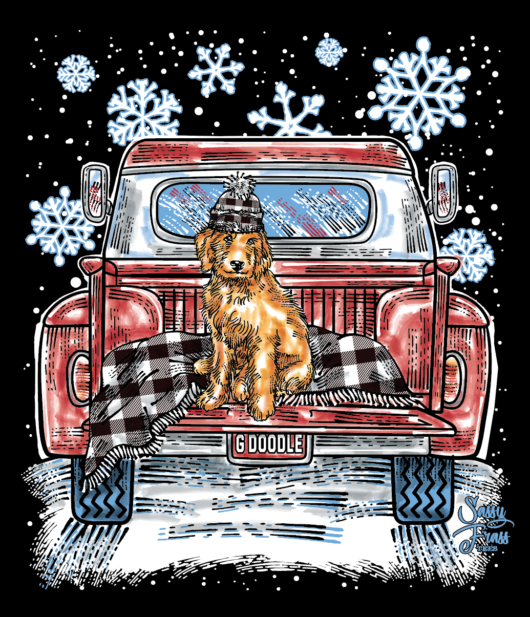 SALE Sassy Frass Snow G Doodle Dog Truck Bright - Adult & Kids T-Shirts, Sweatshirts & Hoodies apparel design preview 1