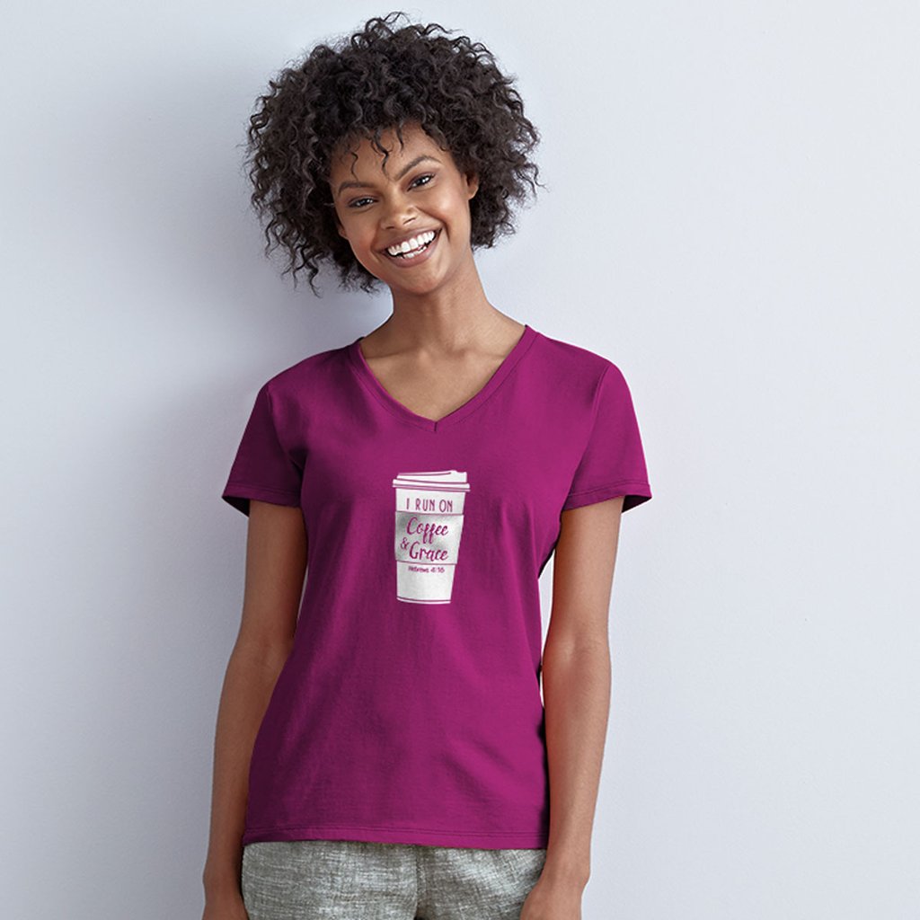 Grace Truth I Run on Coffee V-Neck Christian - Adult & Kids T-Shirts, Sweatshirts & Hoodies apparel design preview 1