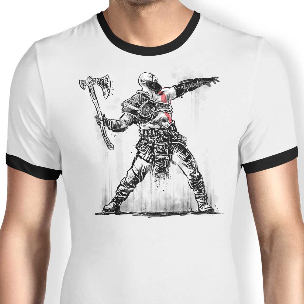 God Throwing Axe Ringer - Adult & Kids T-Shirts, Sweatshirts & Hoodies apparel design preview 1