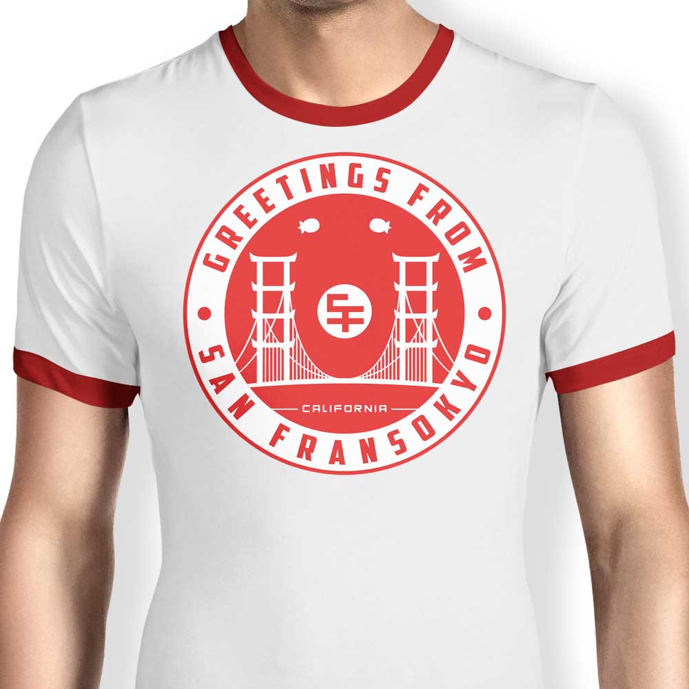 Greetings from San Fransokyo Ringer - Adult & Kids T-Shirts, Sweatshirts & Hoodies apparel design preview 1