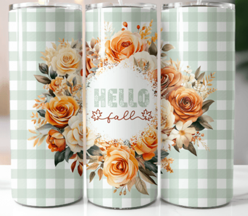 Hello Fall Gingham Plaid flowers 20 oz Skinny Tumbler - Adult & Kids T-Shirts, Sweatshirts & Hoodies apparel design preview 1
