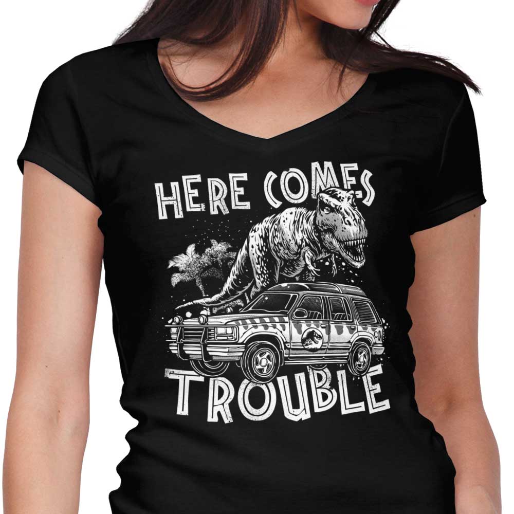 Here Comes Trouble Women's V-Neck - Adult & Kids T-Shirts, Sweatshirts & Hoodies apparel design preview 1