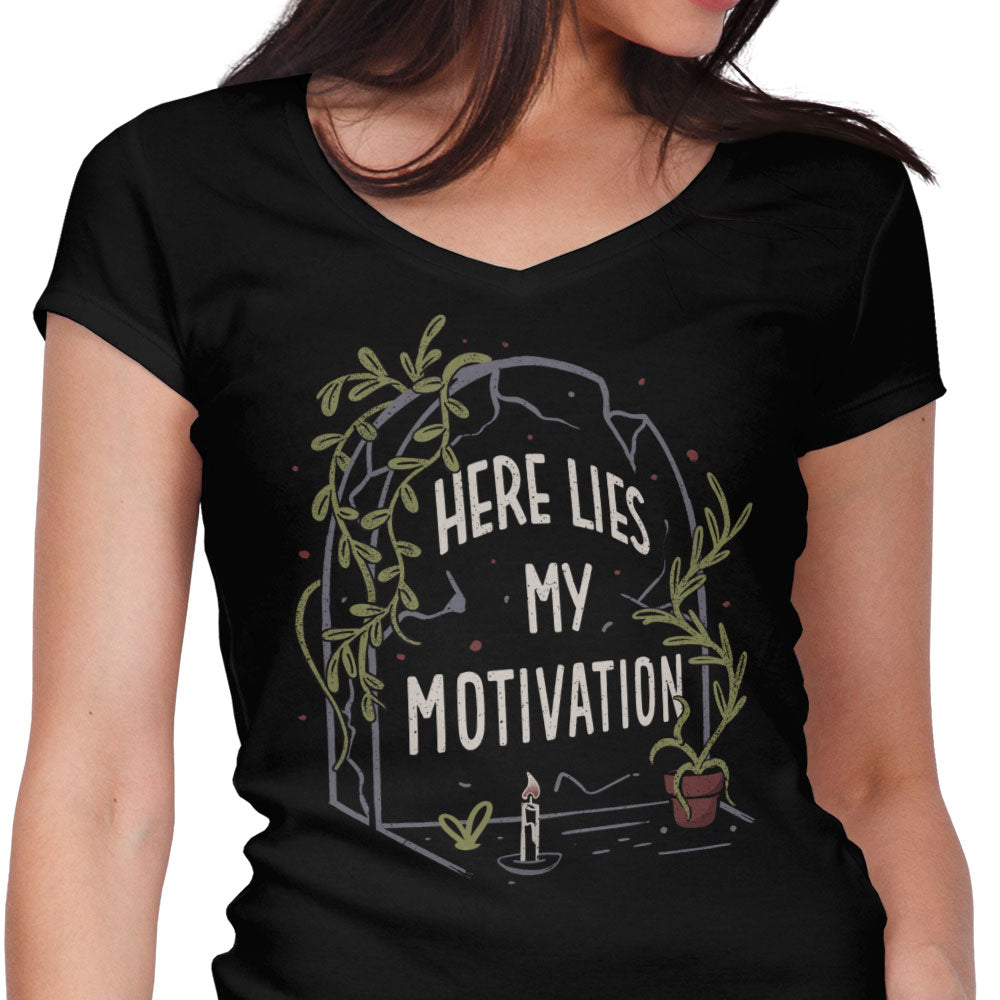 Here Lies My Motivation Women's V-Neck - Adult & Kids T-Shirts, Sweatshirts & Hoodies apparel design preview 1
