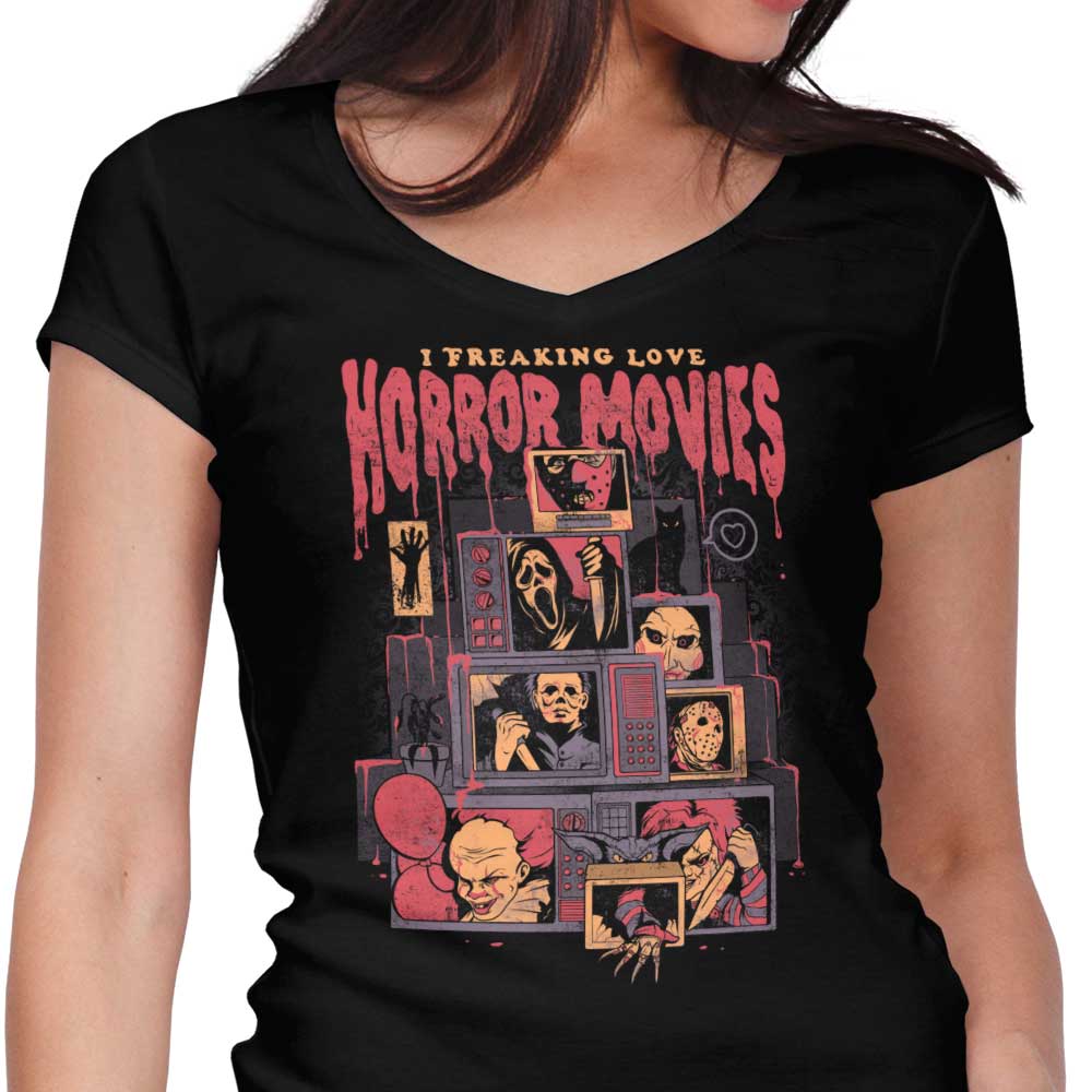 I Freaking Love Horror Movies Women's V-Neck - Adult & Kids T-Shirts, Sweatshirts & Hoodies apparel design preview 1