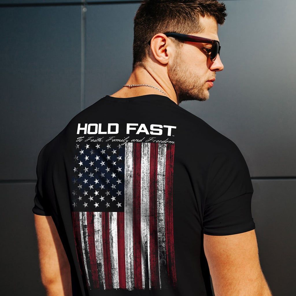 Hold Fast to Faith Family Freedom USA American Flag - Adult & Kids T-Shirts, Sweatshirts & Hoodies apparel design preview 2