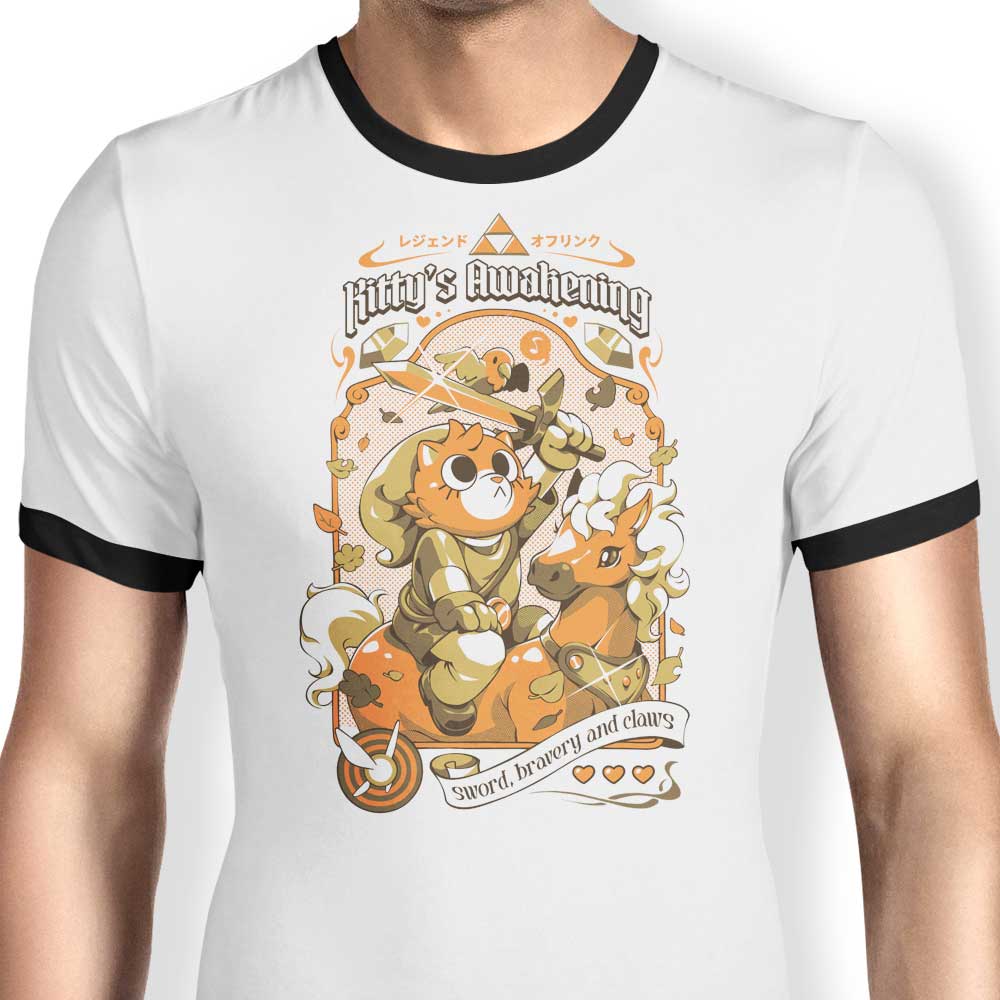 Kitty's Awakening Ringer - Adult & Kids T-Shirts, Sweatshirts & Hoodies apparel design preview 1