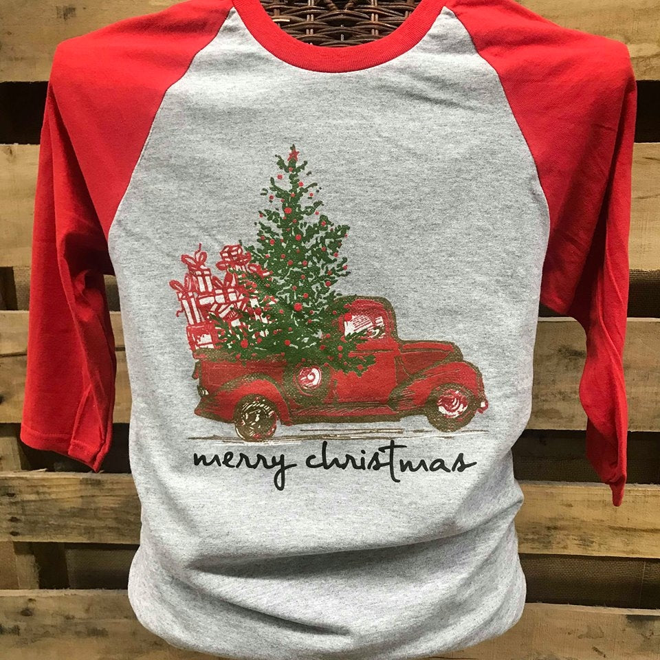 Southern Chics Merry Christmas Truck Raglan Canvas - Adult & Kids T-Shirts, Sweatshirts & Hoodies apparel design preview 1
