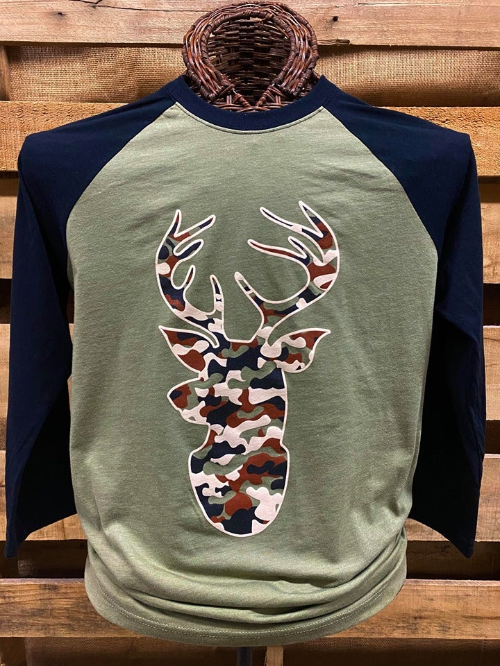 Southern Chics Apparel Camo Deer Raglan 3/4 - Adult & Kids T-Shirts, Sweatshirts & Hoodies apparel design preview 1