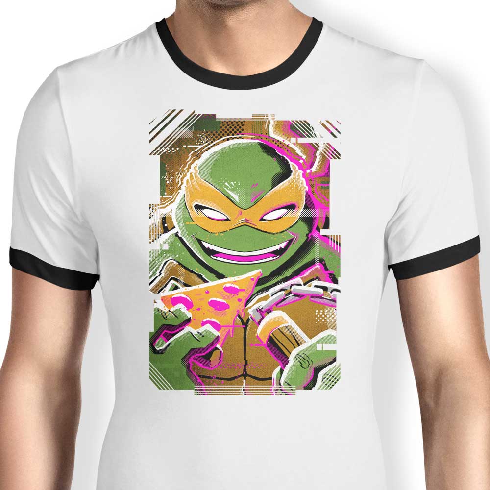 Michelangelo Glitch Ringer - Adult & Kids T-Shirts, Sweatshirts & Hoodies apparel design preview 1