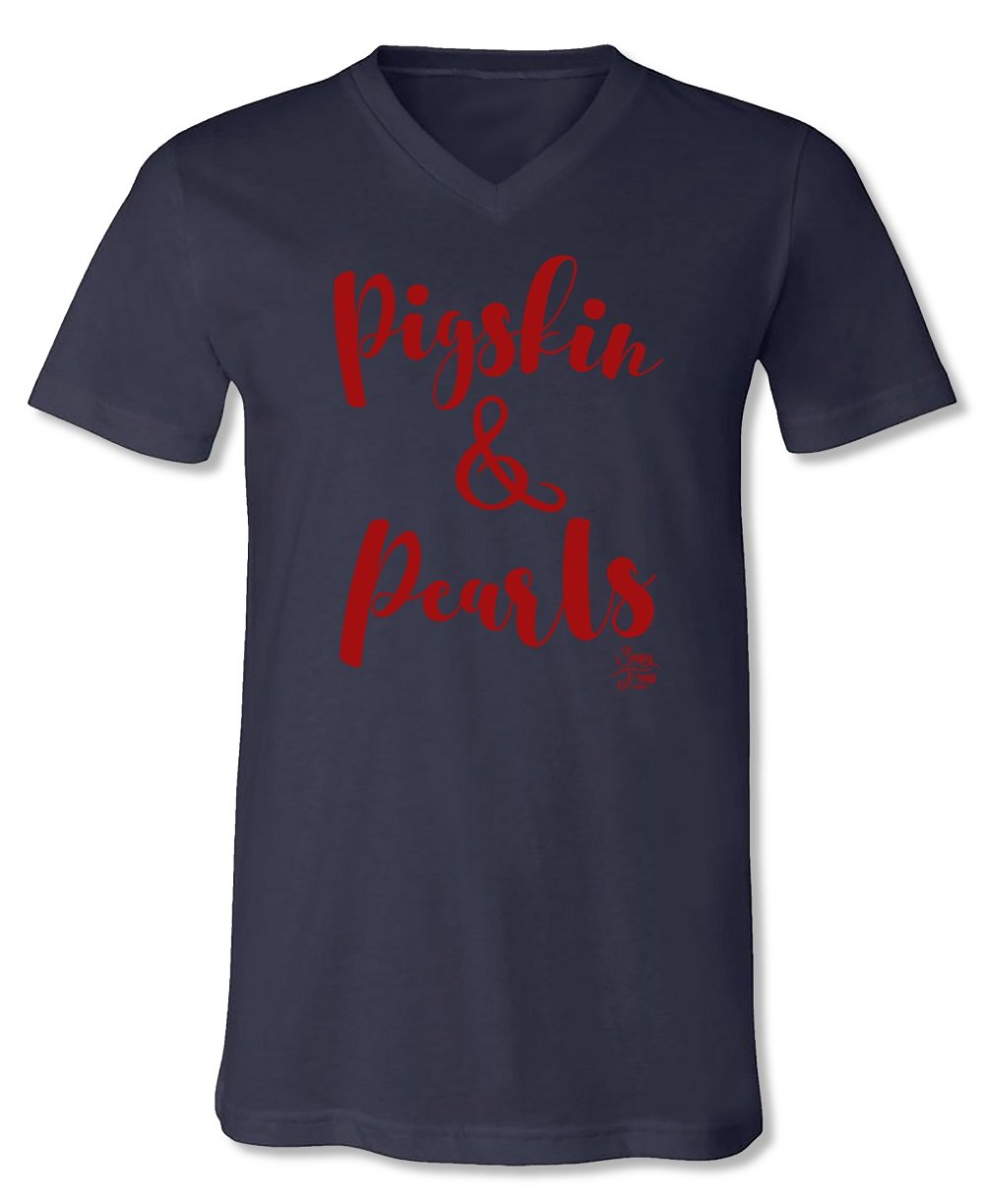 Sassy Frass Navy Pigskin Pearls Football V-neck - Adult & Kids T-Shirts, Sweatshirts & Hoodies apparel design preview 1