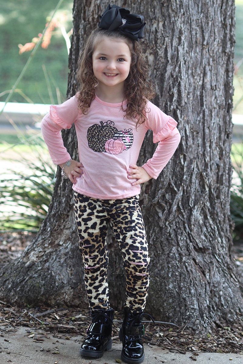Youth Baby Pink Pumpkin Fall Top with Leopard - Adult & Kids T-Shirts, Sweatshirts & Hoodies apparel design preview 1