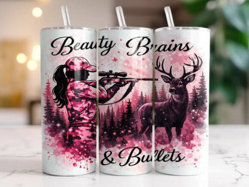 Beauty and Brains Hunting 20 oz Skinny Tumbler Cup - Adult & Kids T-Shirts, Sweatshirts & Hoodies apparel design preview 1