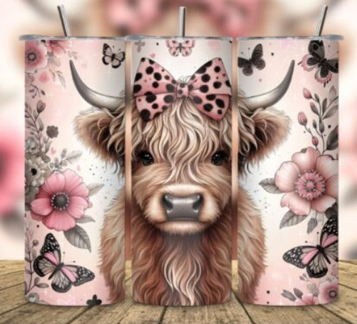 Highland Cow Pink Bow 20 oz Skinny Tumbler Cup With - Adult & Kids T-Shirts, Sweatshirts & Hoodies apparel design preview 1