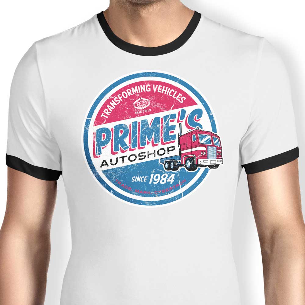 Prime's Auto Shop Ringer - Adult & Kids T-Shirts, Sweatshirts & Hoodies apparel design preview 1