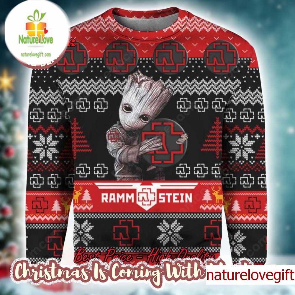 Rammstein Baby Groot Hugging Band Logo All Over Print Ugly Christmas Sweater product image