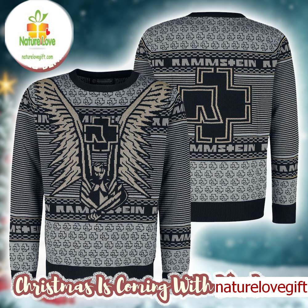 Rammstein Holiday Angel With Logo Pattern Grey Ugly Christmas Sweater product image