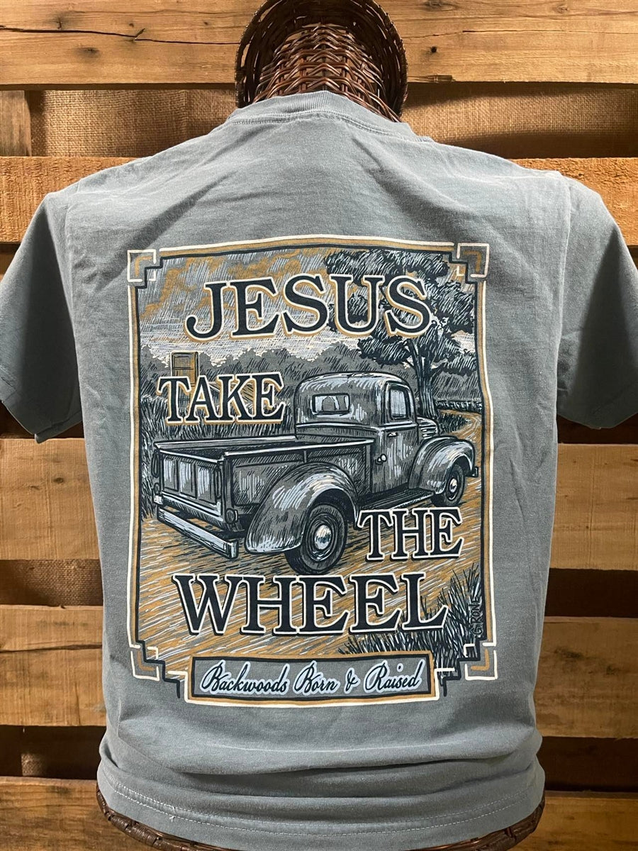 Backwoods Born Raised Jesus Wheel Comfort Colors - Adult & Kids T-Shirts, Sweatshirts & Hoodies apparel design preview 1