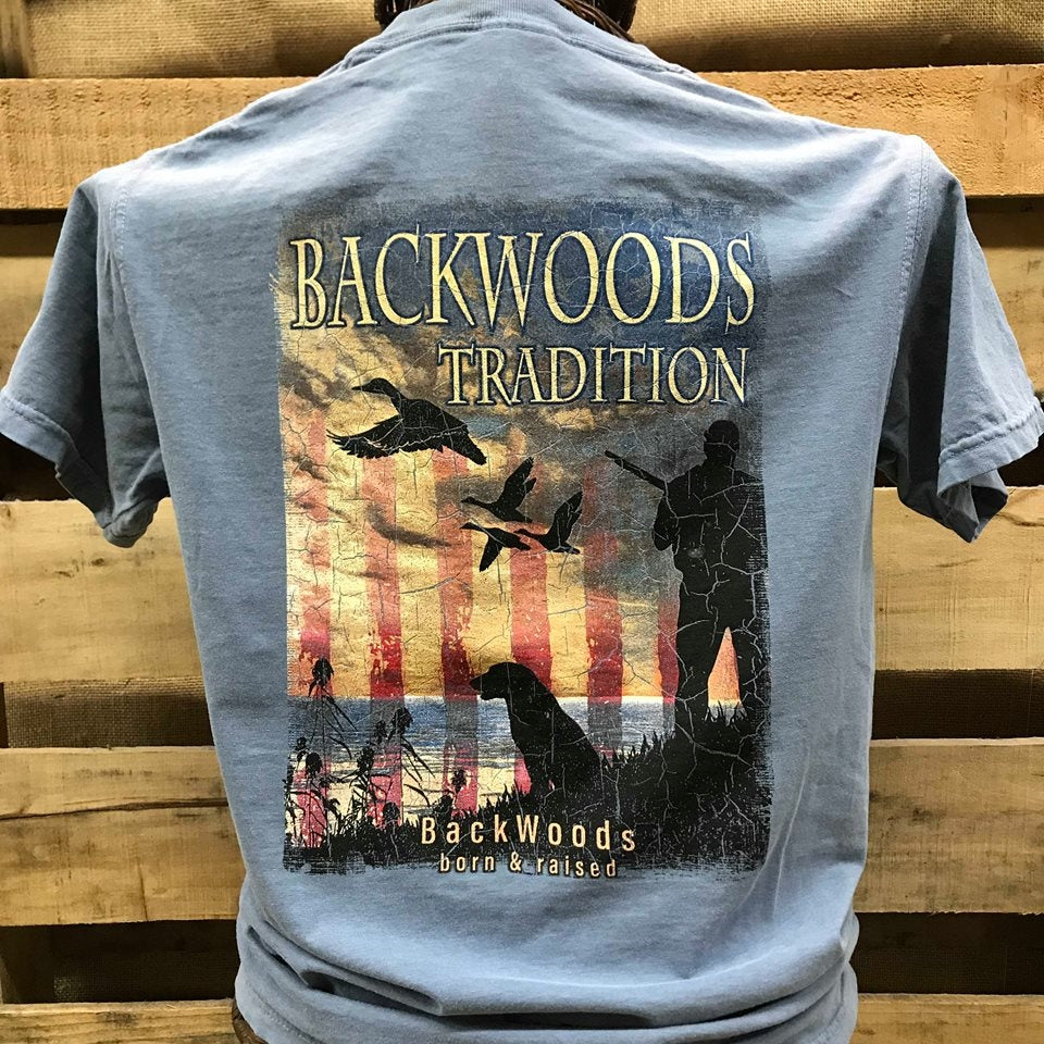 Backwoods Traditions Duck Hunt Dog USA Flag Bright - Adult & Kids T-Shirts, Sweatshirts & Hoodies apparel design preview 1