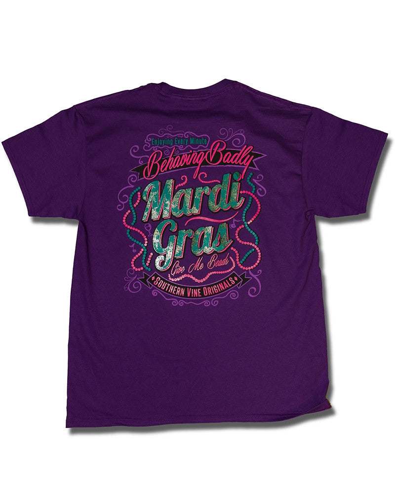 Southern Vine Mardi Gras Behaving Badly Give Me Beads - Adult & Kids T-Shirts, Sweatshirts & Hoodies apparel design preview 1