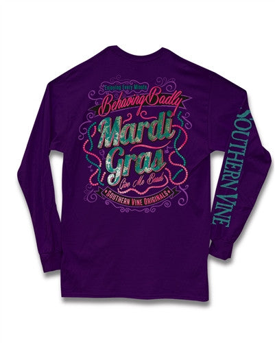 Southern Vine Mardi Gras Behaving Badly Give Me Beads - Adult & Kids T-Shirts, Sweatshirts & Hoodies apparel design preview 1
