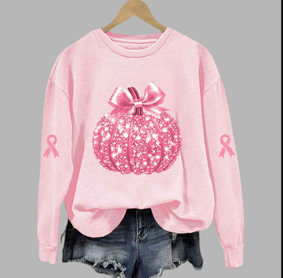 Breast Cancer Sequin Pumpkin Print Crew Neck Sweatshirt product image