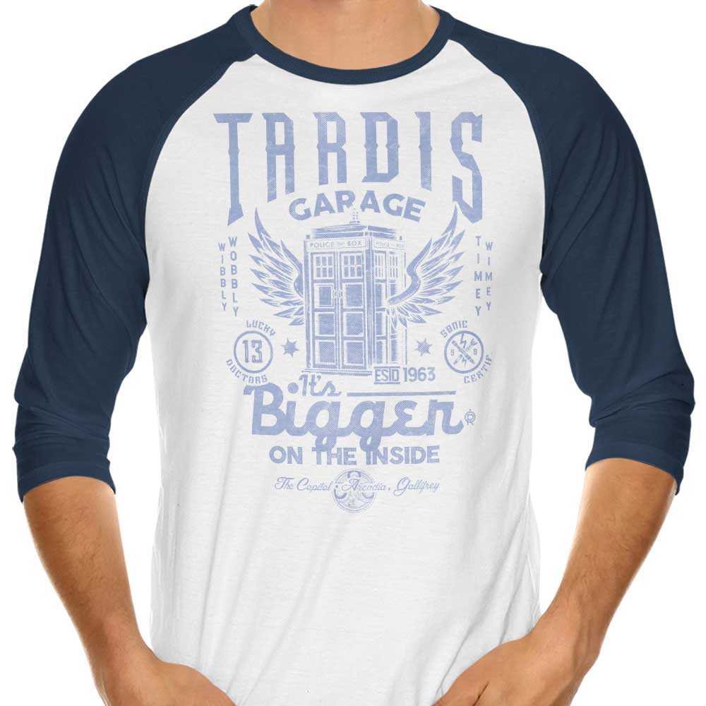 Tardis Garage 3/4 Sleeve Raglan - Adult & Kids T-Shirts, Sweatshirts & Hoodies apparel design preview 1