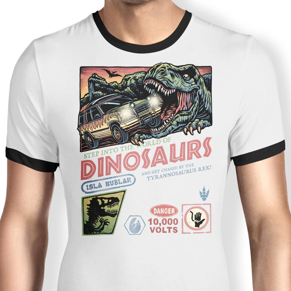 The World of Dinosaurs Ringer - Adult & Kids T-Shirts, Sweatshirts & Hoodies apparel design preview 1