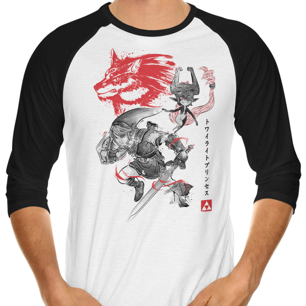 Twilight Wolf Sumi-e 3/4 Sleeve Raglan - Adult & Kids T-Shirts, Sweatshirts & Hoodies apparel design preview 1