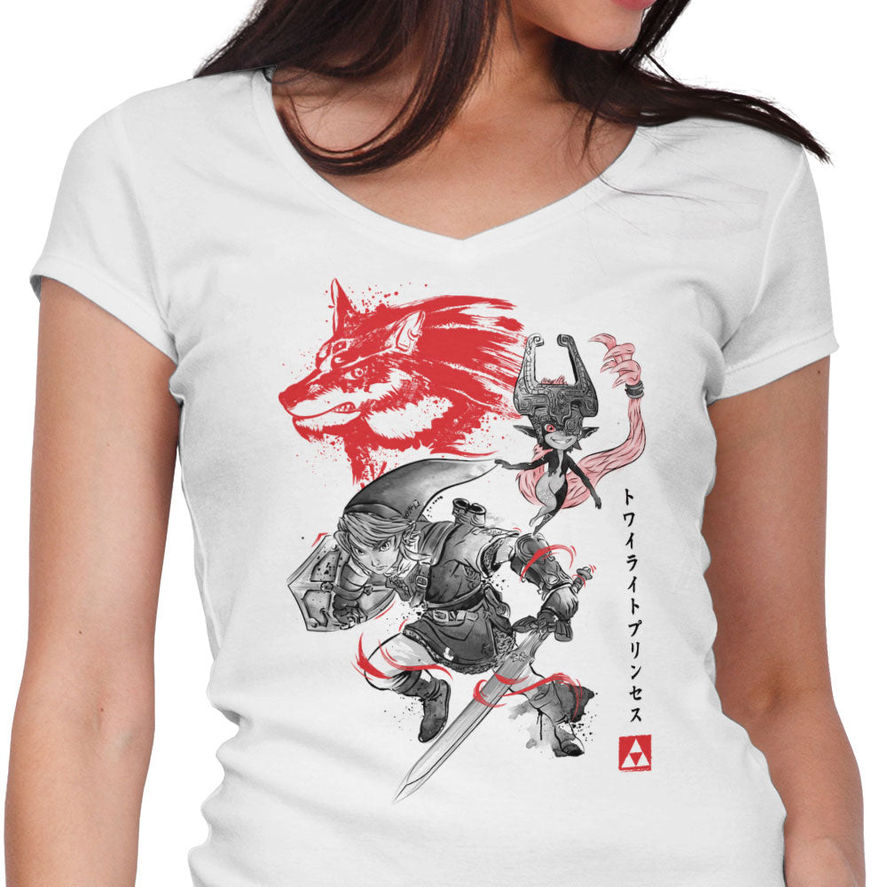 Twilight Wolf Sumi-e Women's V-Neck - Adult & Kids T-Shirts, Sweatshirts & Hoodies apparel design preview 1
