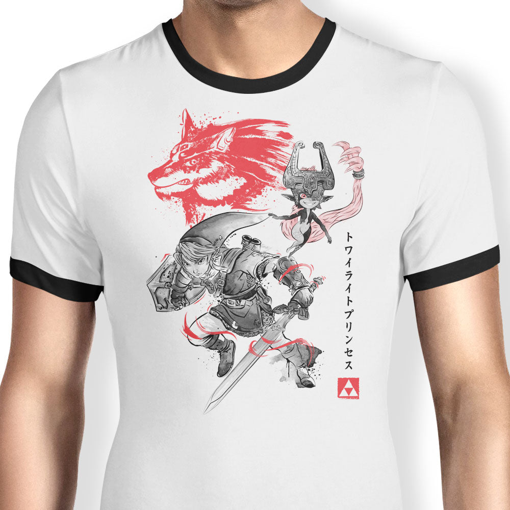 Twilight Wolf Sumi-e Ringer - Adult & Kids T-Shirts, Sweatshirts & Hoodies apparel design preview 1