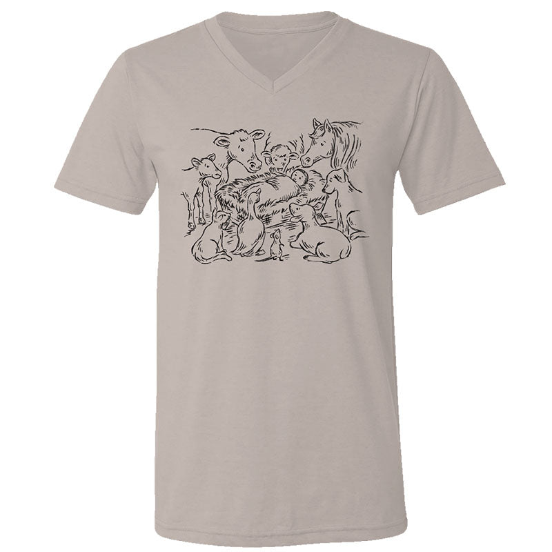 Sassy Frass Adore Him Holiday Nativity V-Neck Canvas - Adult & Kids T-Shirts, Sweatshirts & Hoodies apparel design preview 1