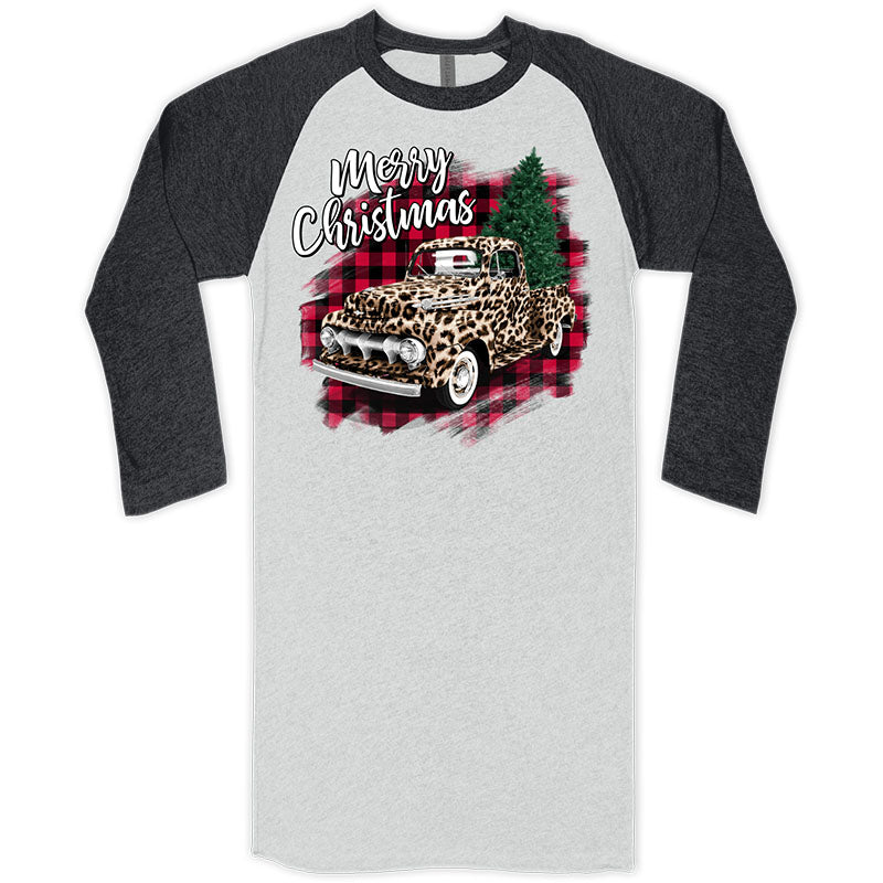 Southern Couture Christmas Leopard Truck Raglan - Adult & Kids T-Shirts, Sweatshirts & Hoodies apparel design preview 1