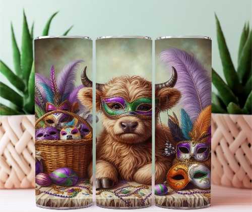 Mardi Gras Highland Cow Masks 20 oz Skinny Tumbler - Adult & Kids T-Shirts, Sweatshirts & Hoodies apparel design preview 1