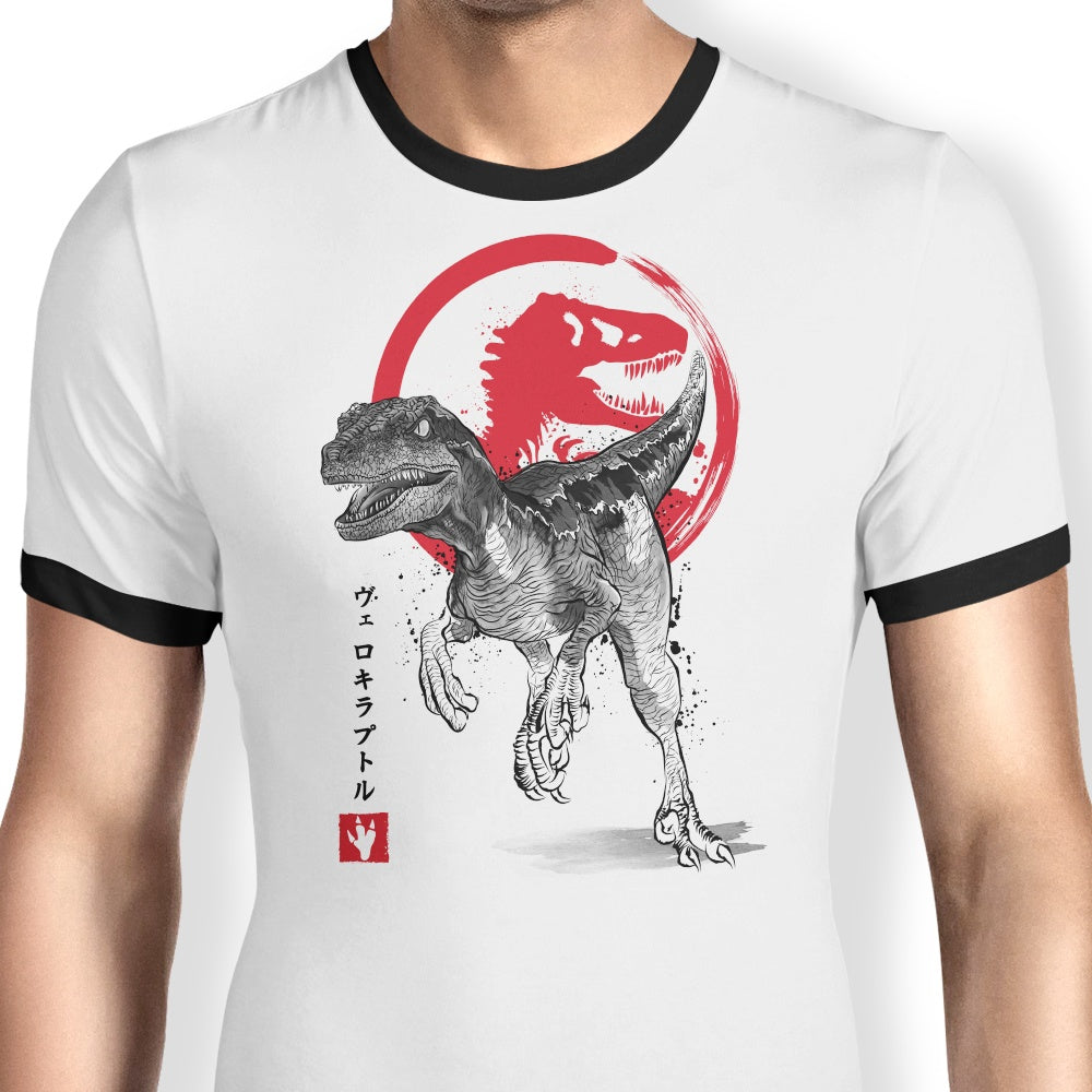 Velociraptor Sumi-e Ringer - Adult & Kids T-Shirts, Sweatshirts & Hoodies apparel design preview 1