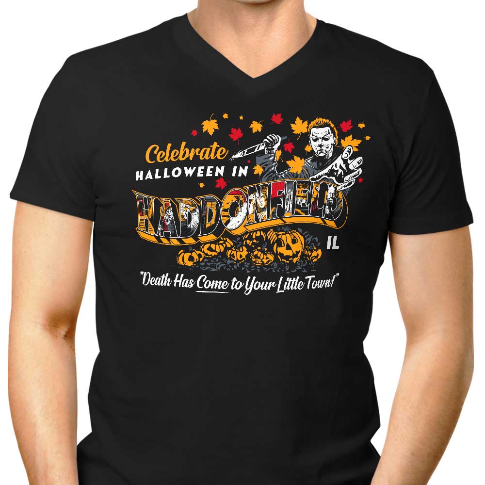 Visit Haddonfield Men's V-Neck - Adult & Kids T-Shirts, Sweatshirts & Hoodies apparel design preview 1
