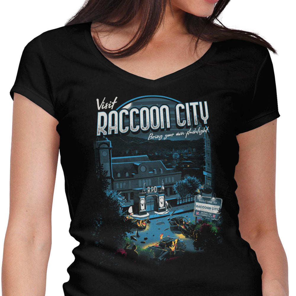 Visit Raccoon City Women's V-Neck - Adult & Kids T-Shirts, Sweatshirts & Hoodies apparel design preview 1