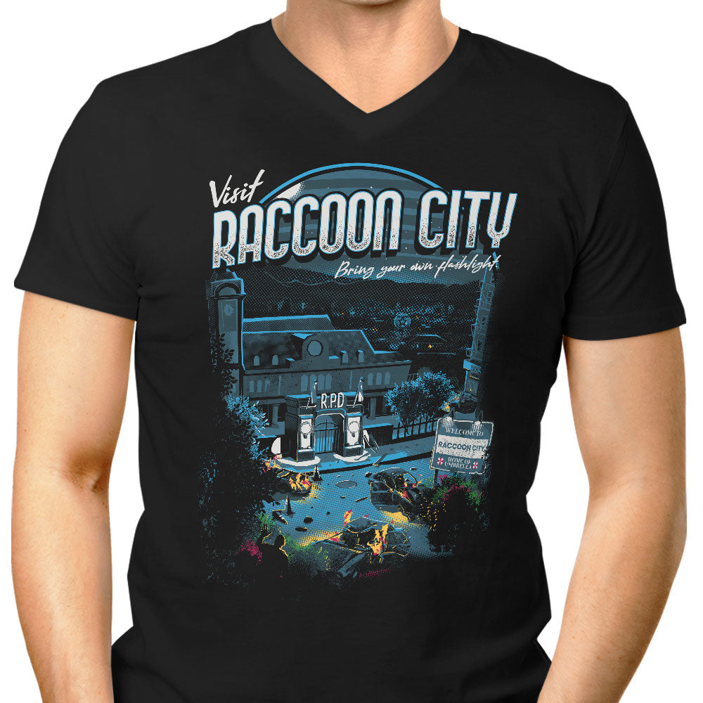 Visit Raccoon City Men's V-Neck - Adult & Kids T-Shirts, Sweatshirts & Hoodies apparel design preview 1