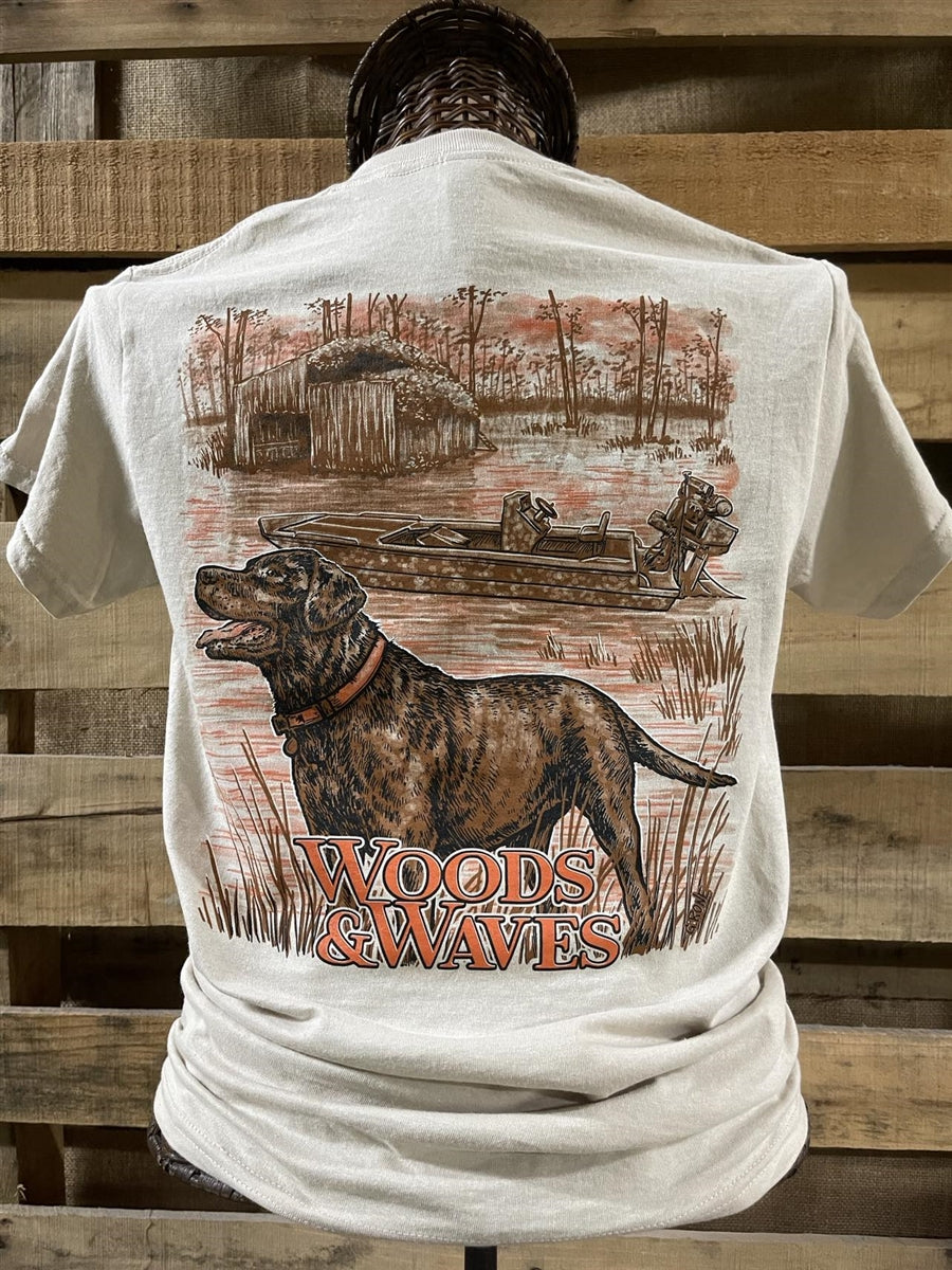 Backwoods Woods Waves Dog With Duck Blind - Adult & Kids T-Shirts, Sweatshirts & Hoodies apparel design preview 1