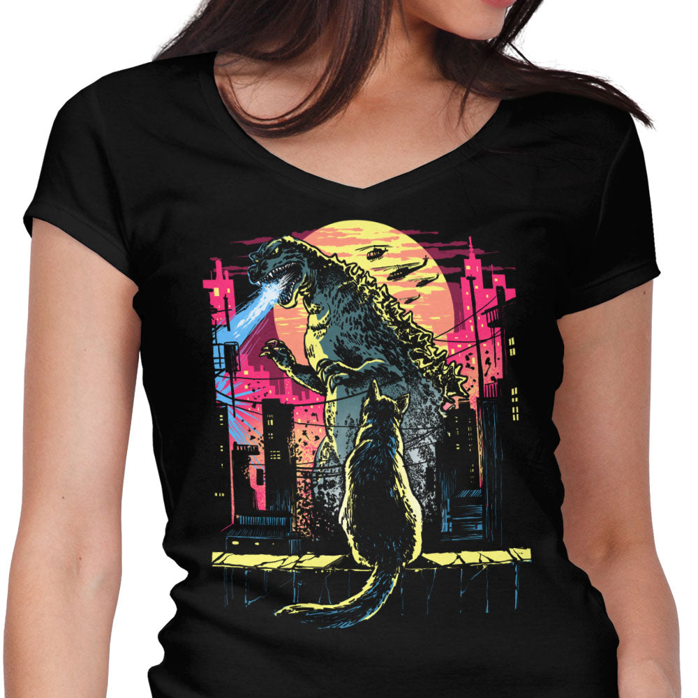 Watching the Kaiju Women's V-Neck - Adult & Kids T-Shirts, Sweatshirts & Hoodies apparel design preview 1