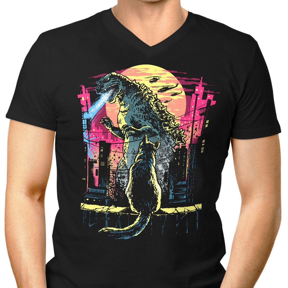 Watching the Kaiju Men's V-Neck - Adult & Kids T-Shirts, Sweatshirts & Hoodies apparel design preview 1